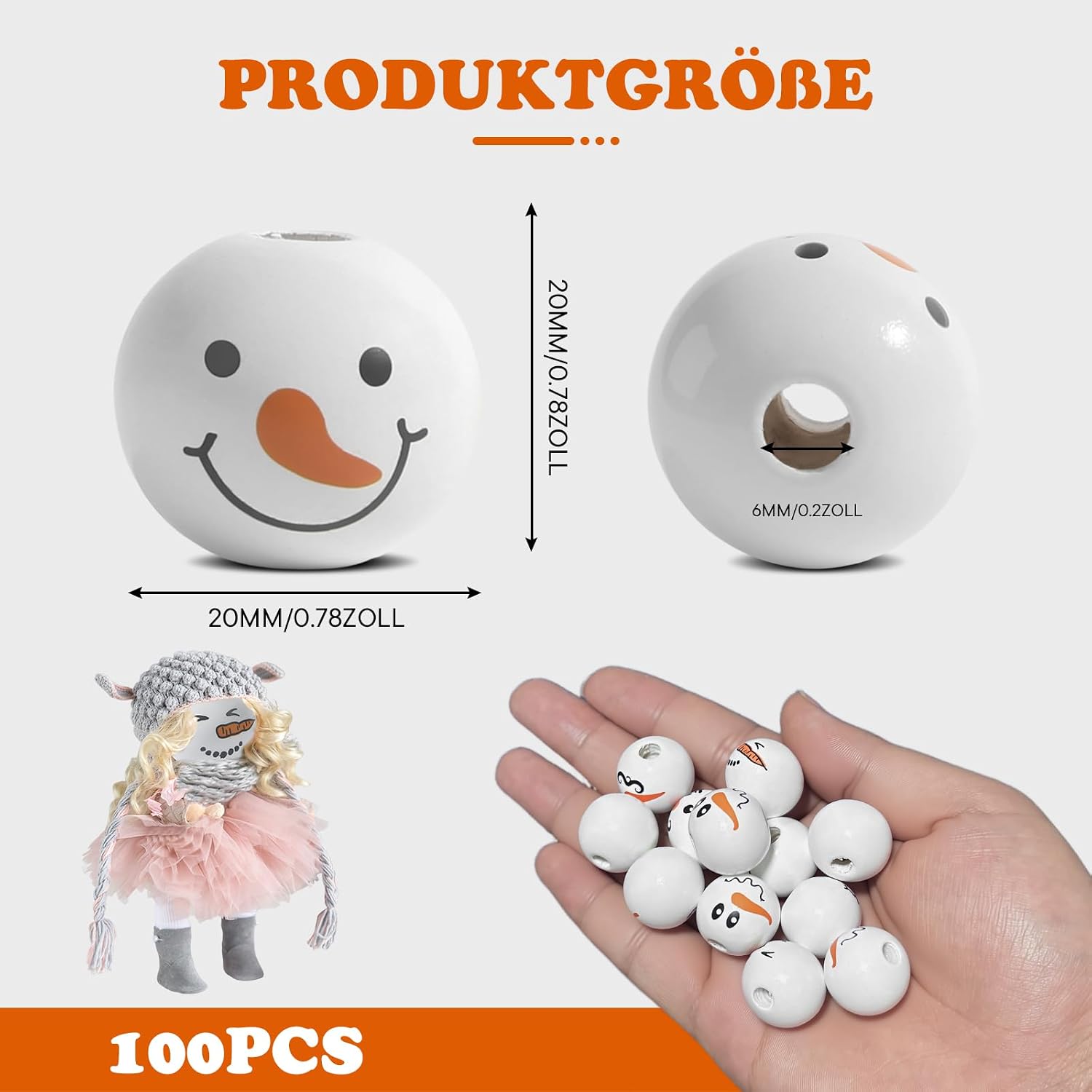 Detalle de 100 Stück Schneemann Holzperlen mit Gesicht 20mm – 5 Designs für DIY Weihnachtsschmuck