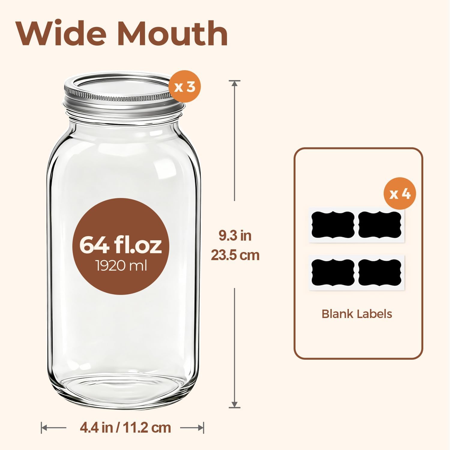 Detalle 2 de ComSaf 64 oz Wide-Mouth Mason Jars, 3-Pack Glass Food Storage Set