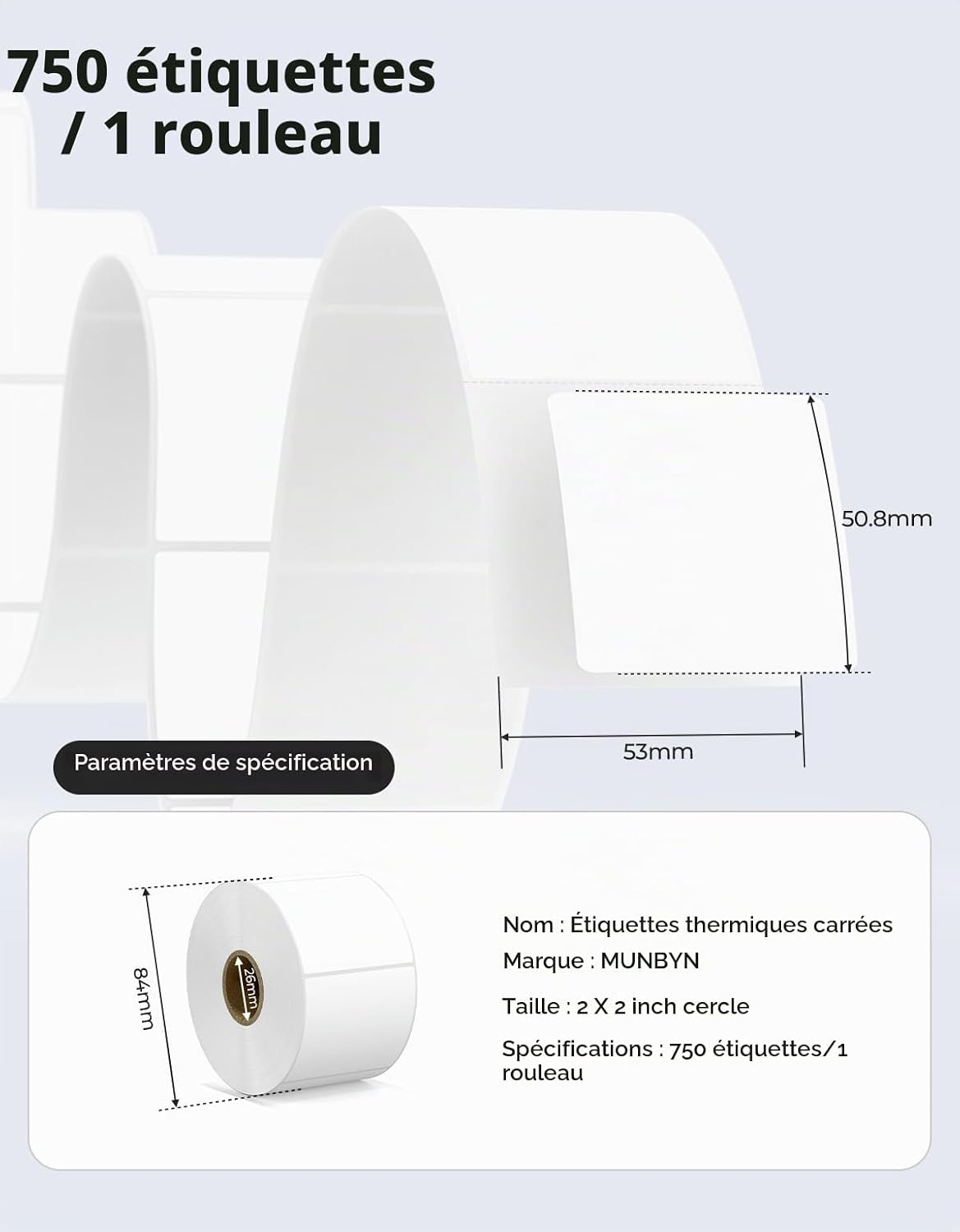 Detalle de MUNBYN thermische etiketten 50 x 50 mm, 750 stuks, BPA- en BPS-vrij