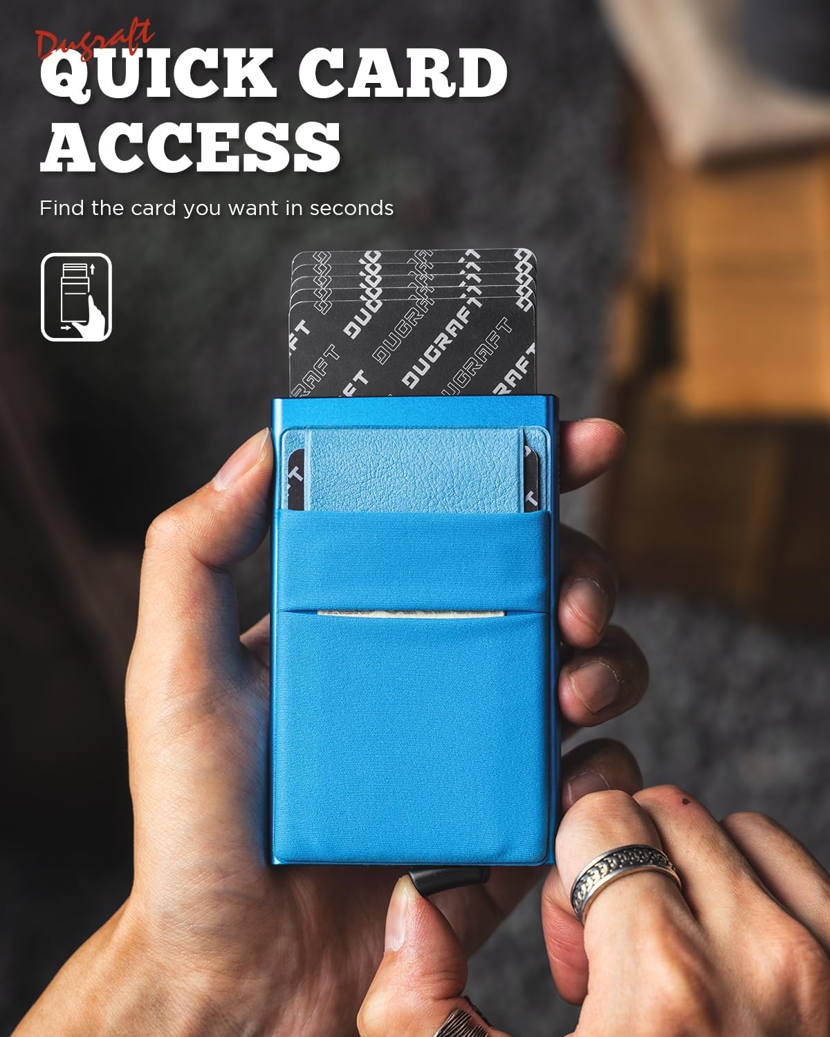 Thumbnail 1 de DUGRAFT slim metal credit card holder wallet with RFID pop-up shield (blue)