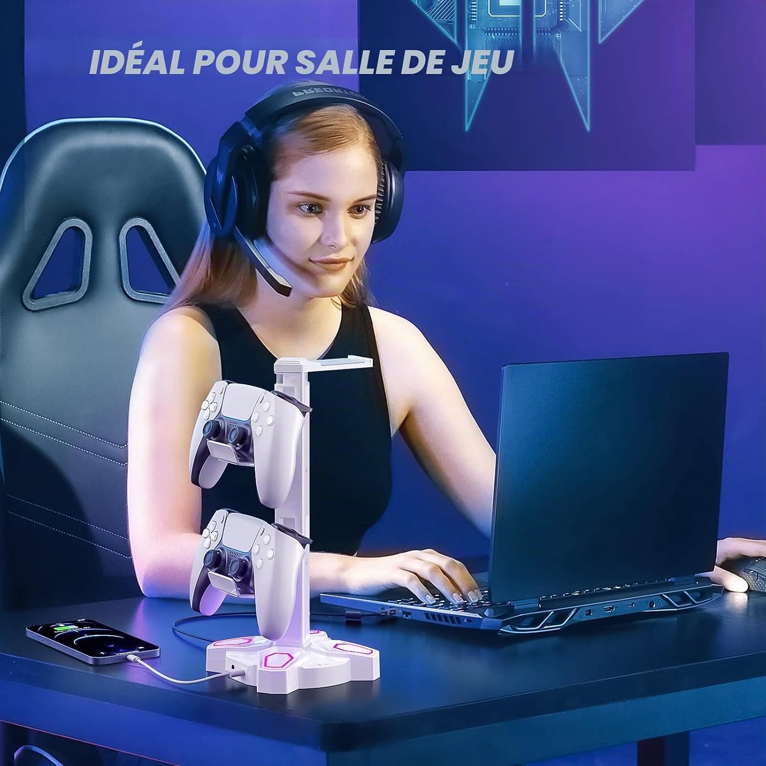 Thumbnail 6 de KDD Support Casque Gamer – Porte-casque rotatif avec 9 modes lumineux et station pour manettes (USB, 3,5 mm et Type-C) – Blanc