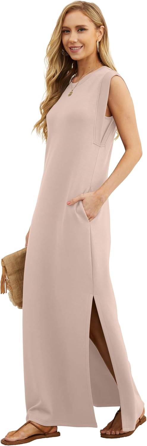 Detalle 2 de GRECERELLE GC8312 Women's Maxi Dress, Round Neck, Side Slit and Pockets