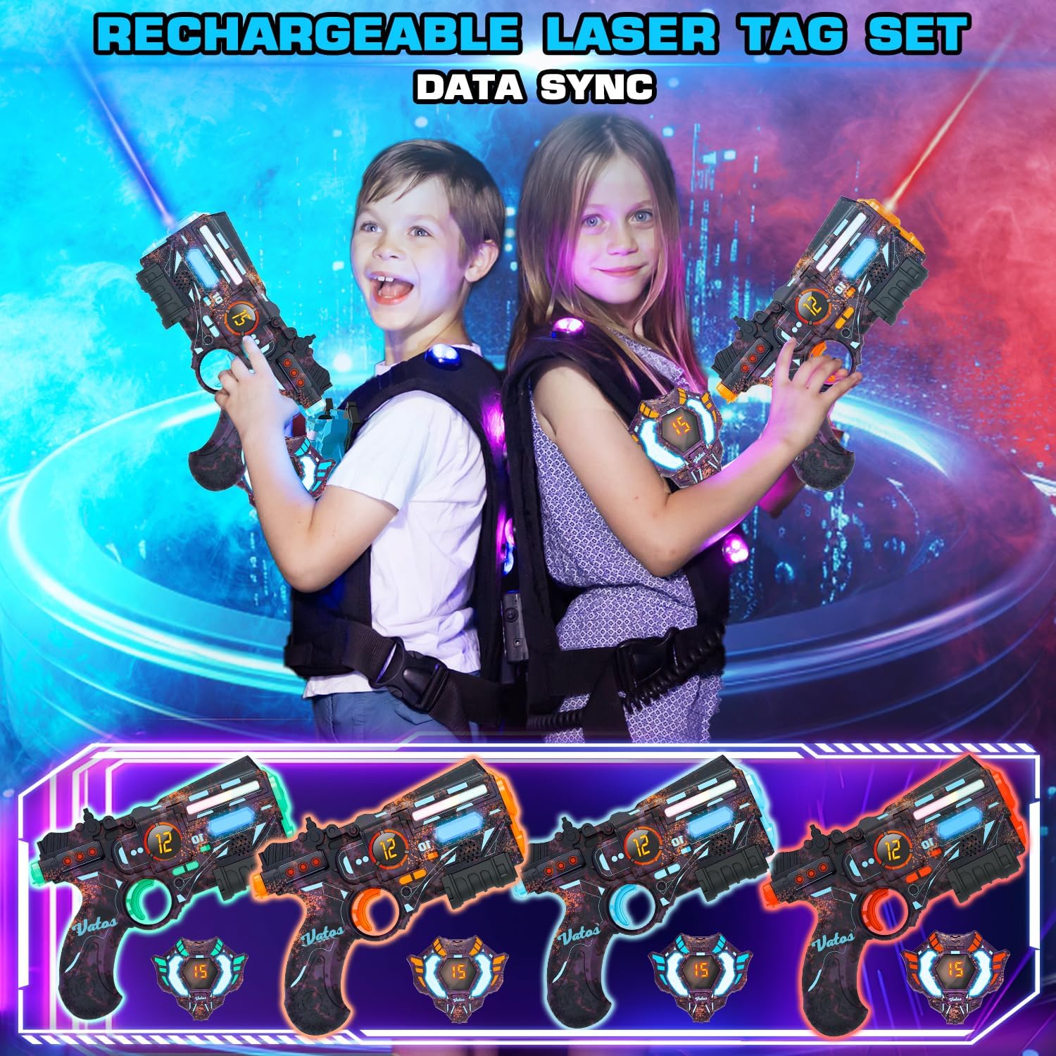 Detalle de VATOS Rechargeable Real-time Data SYNC Laser Tag Set (4 guns & 4 vests) for ages 6–12