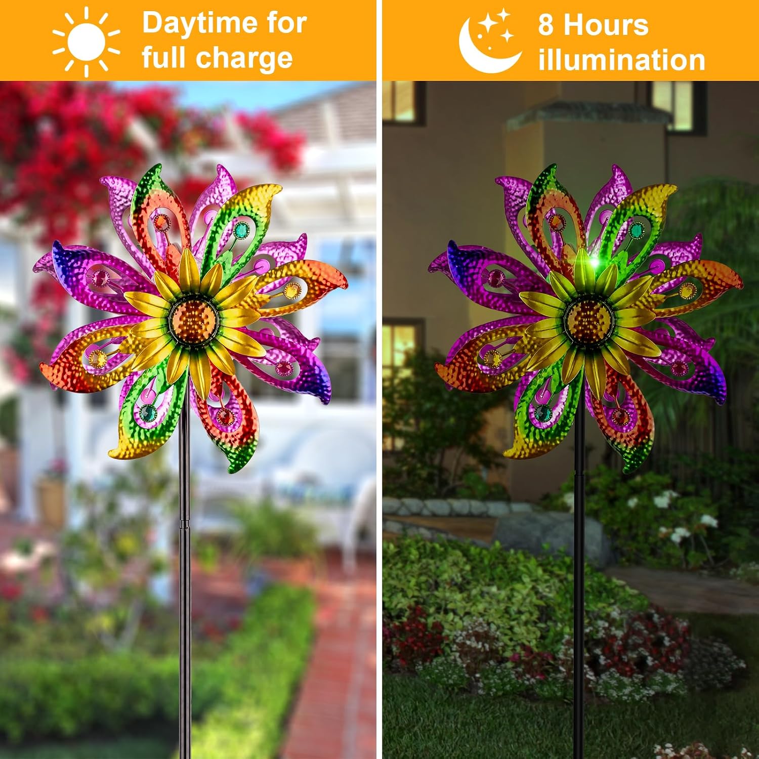 Thumbnail 3 de 360° Solar Wind Spinner with Lights Sunflower Garden Decor (60.63" H, 13.38" Dia)