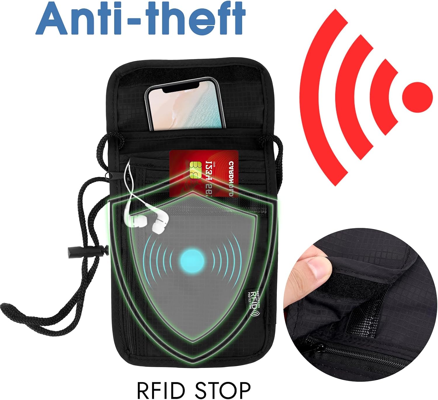 Detalle de Brustbeutel mit RFID-Schutz (Anti-Diebstahl) – unisex Reisegeldbeutel, wasserdichtes Nylon, schwarz