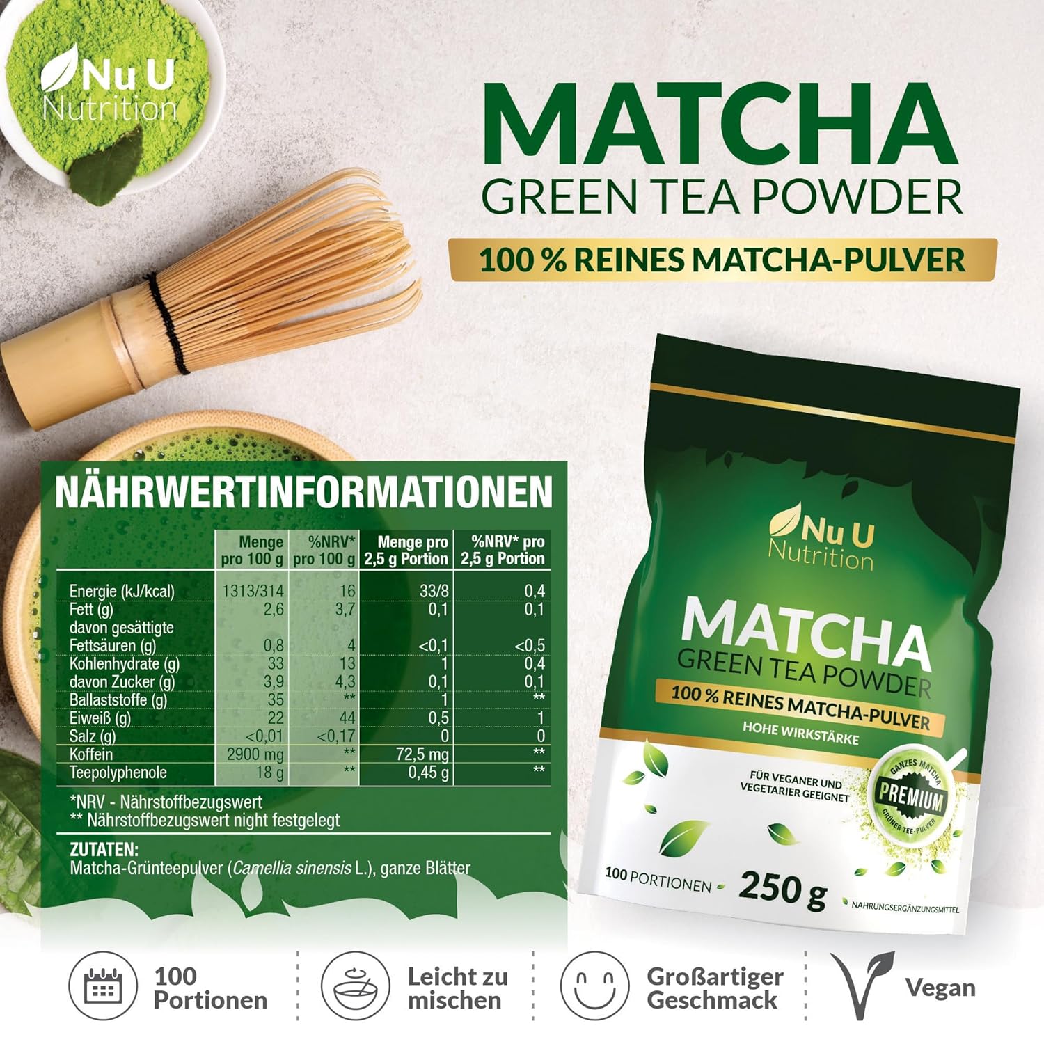 Detalle de Matcha Grüntee Pulver 250 g – Nu U Nutrition, 100 Portionen, Premium Lebensmittelqualität