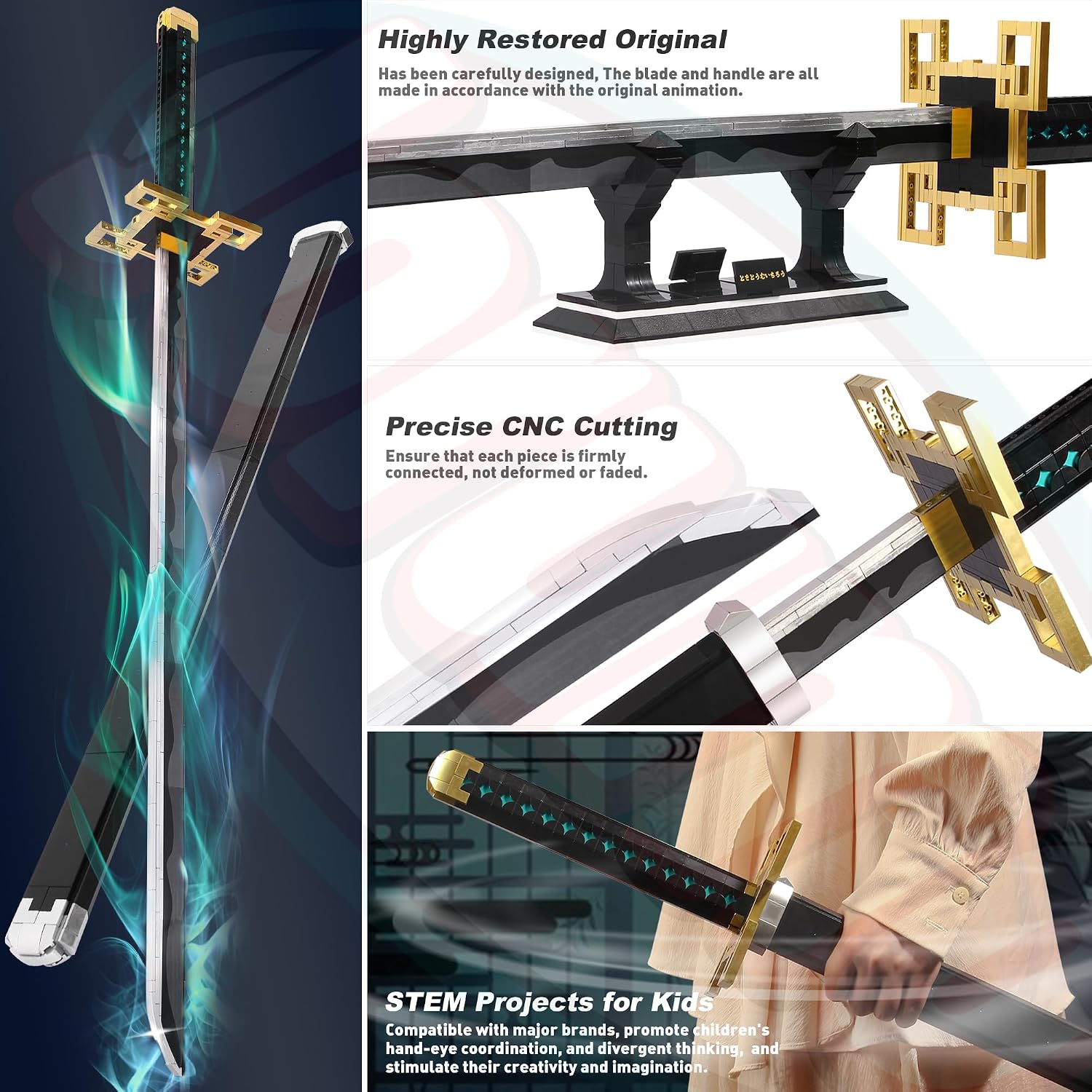Detalle de Jorumo Swords Building Sets: 40in Tokitou Muichirou Sword (771-Piece Anime Katana Set with Scabbard & Stand)