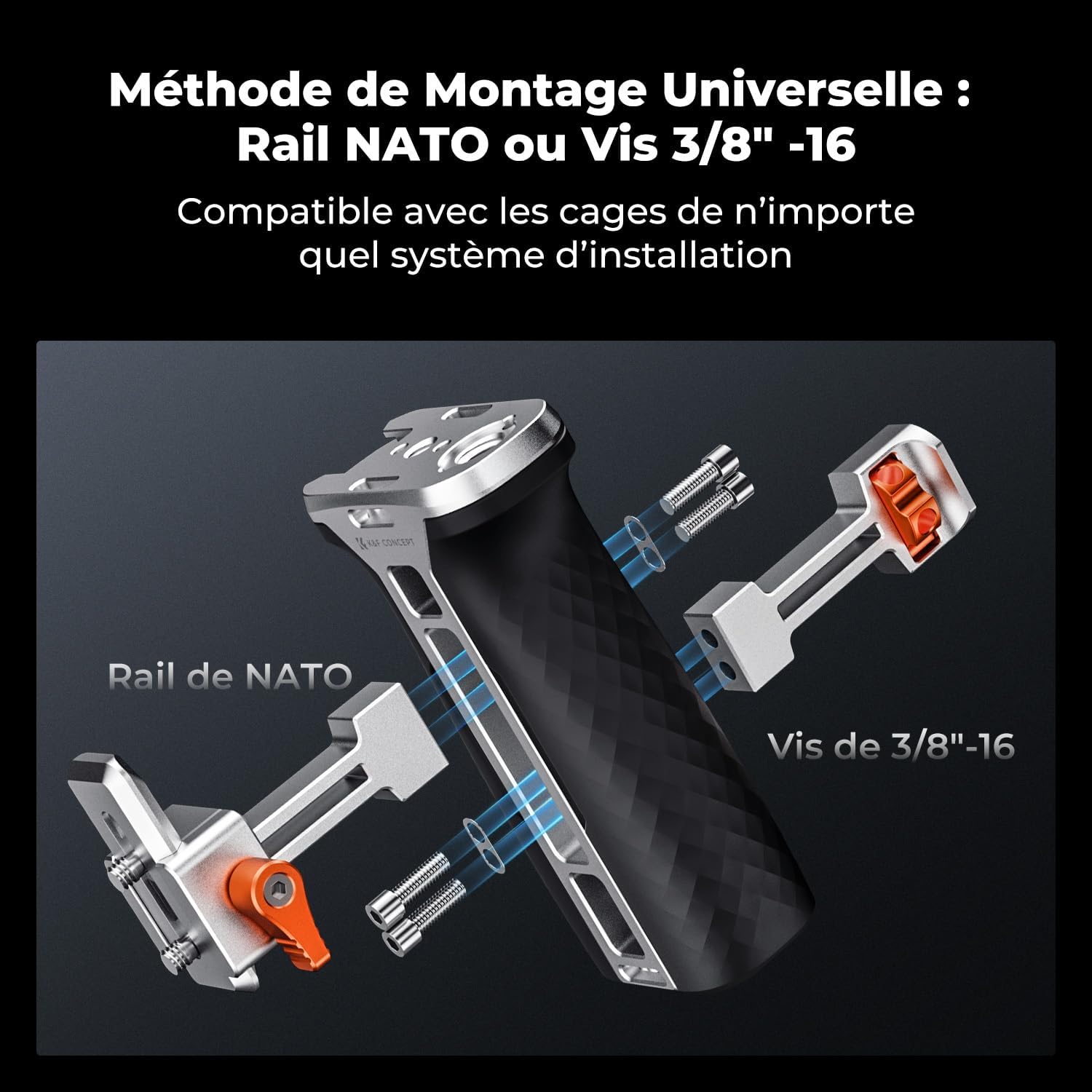 Thumbnail 2 de K&F CONCEPT Poignée latérale métal avec pas 3/8”-16 et rail NATO Cold Shoe (montage réglable jusqu’à 10 kg)