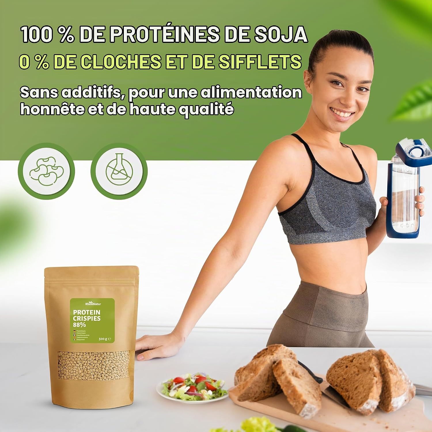 Detalle de RheinNatur soja-eiwitcrispies, 88% eiwit, vegan, 500 g