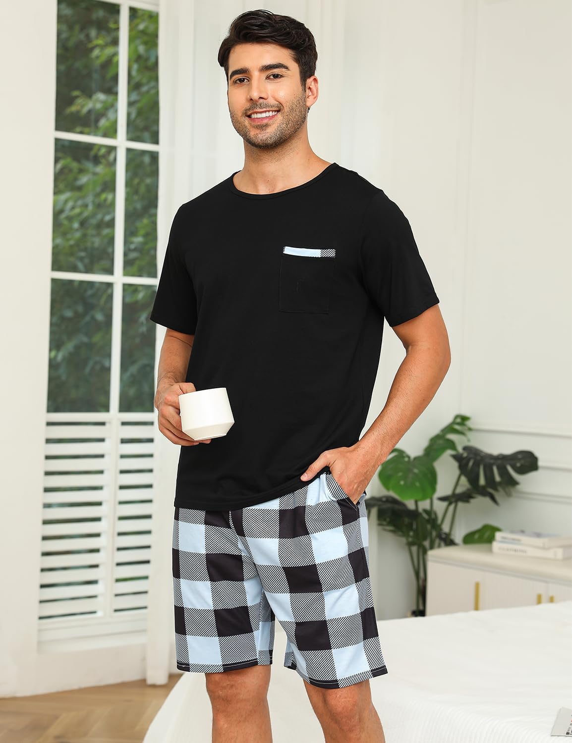 Detalle de SPKPKEY 2026 Neuer Paar-Pyjamas Baumwoll-Loungewear-Set Kurzarm-Oberteil & Shorts – Weiche Schlafmode