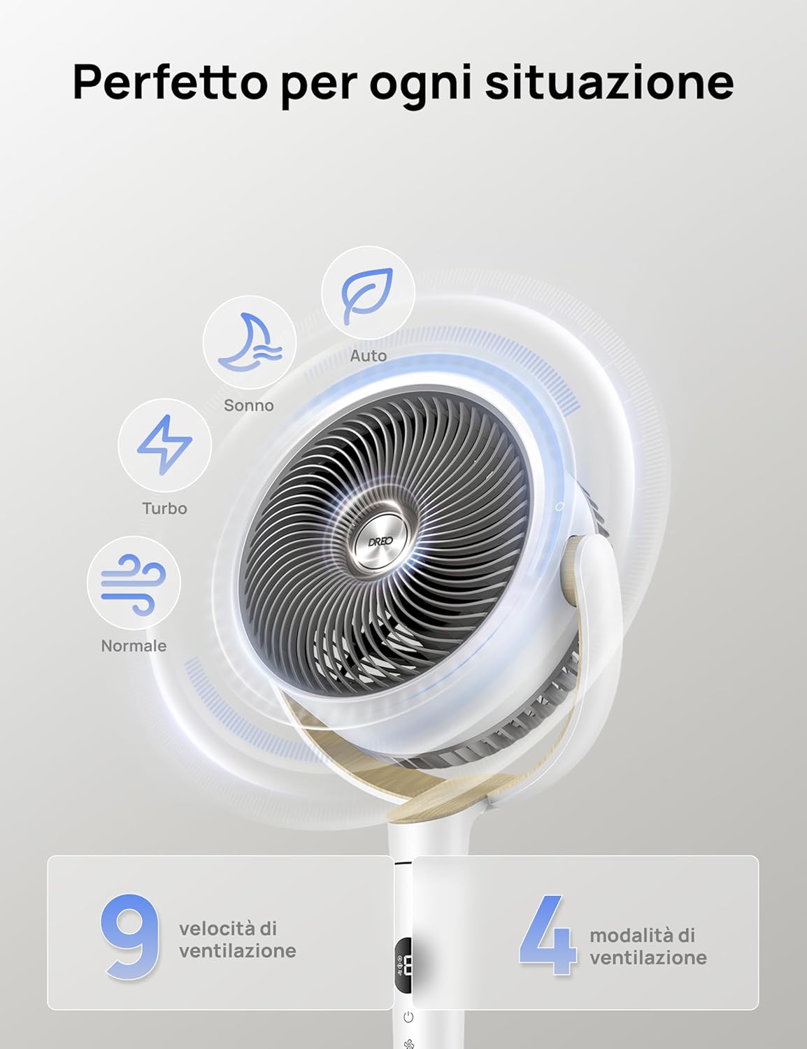 Detalle de DREO Ventilatore da stanza TurboPoly 512: silenzioso, oscillante 120°+120° e 9 velocità per una circolazione d’aria capillare