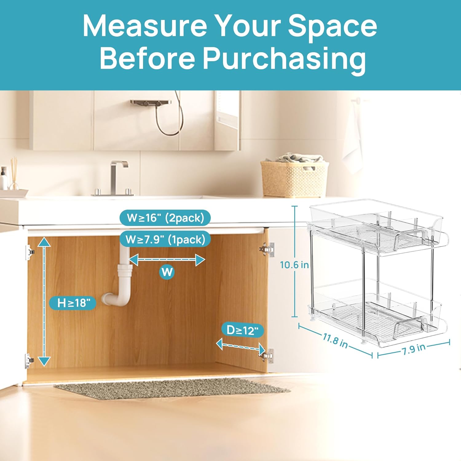 Thumbnail 4 de Vtopmart 4 Pack 2-Tier Pull-Out Under-Sink Organizers with Movable Dividers (Clear, Sliding Drawer Storage)