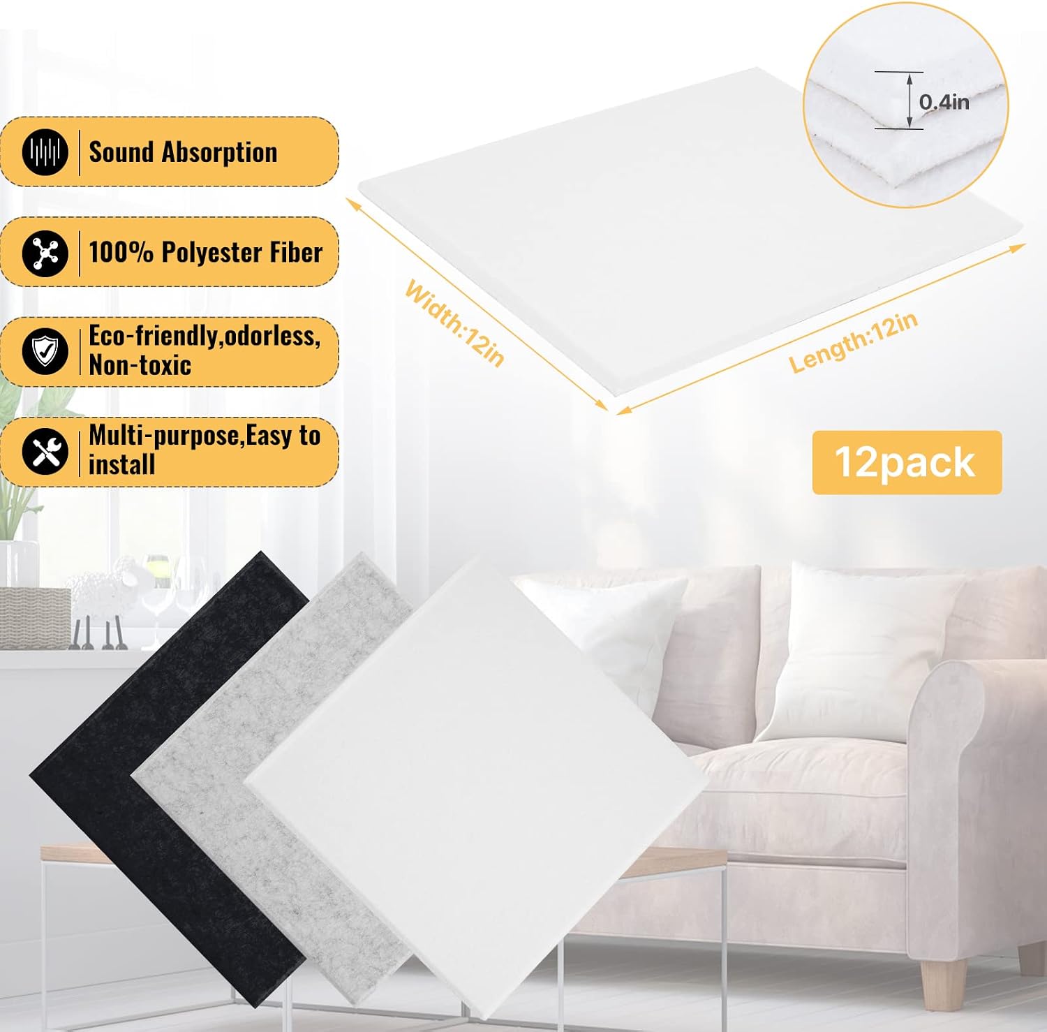 Detalle de 12pcs High-Density Self-Adhesive Acoustic Absorption Panels (30x30x1cm) – White