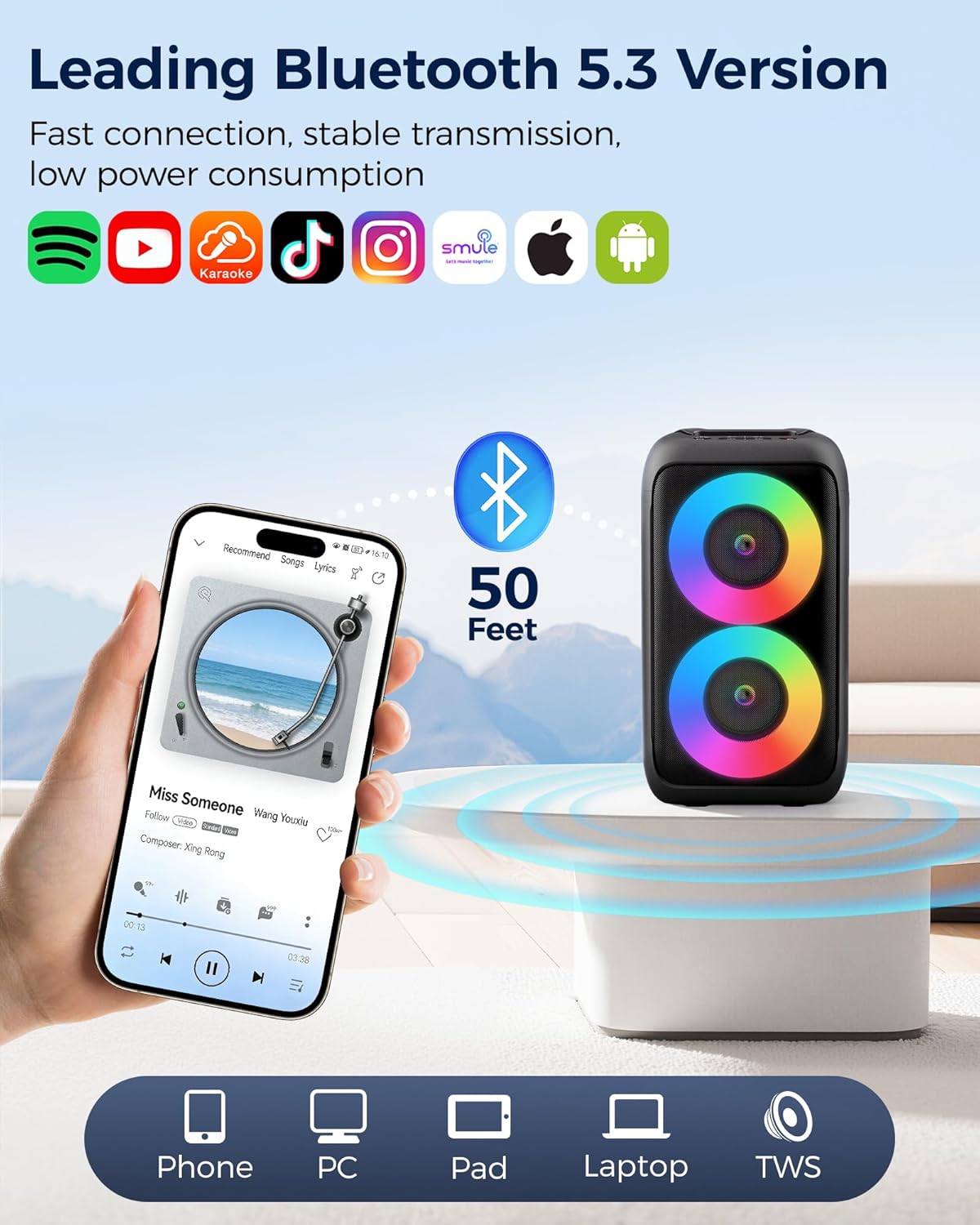 Thumbnail 3 de PWBSLAI Bluetooth Speaker: Portable Party Speaker with Colorful Lights, 360° Sound & TWS Ready