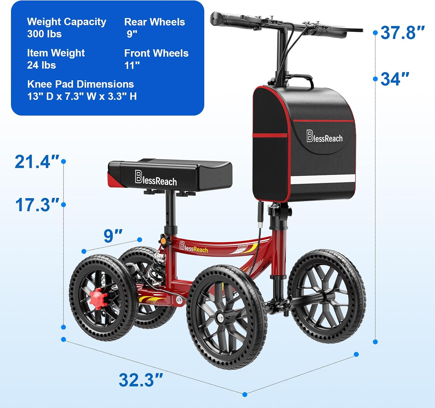 Thumbnail 1 de BlessReach All-Terrain Knee Scooter, Red, 11-Inch Front Wheels & Disc Brakes