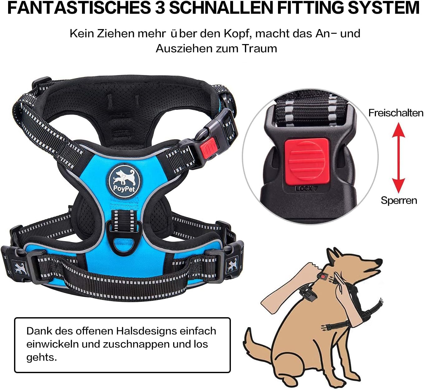 Thumbnail 1 de PoyPet Keine Pull Hundegeschirr mit Front-D-Ring, reflektierender Pet Weste und Griff – für Training, Spaziergang & Lauf (Blau)