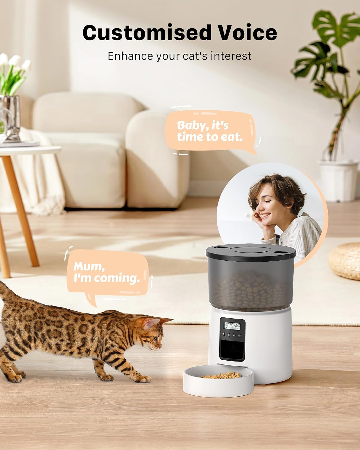 Detalle de BEMOONY Automatic Cat Feeder (3L) with 1–6 meal schedule, 10s voice and dual power