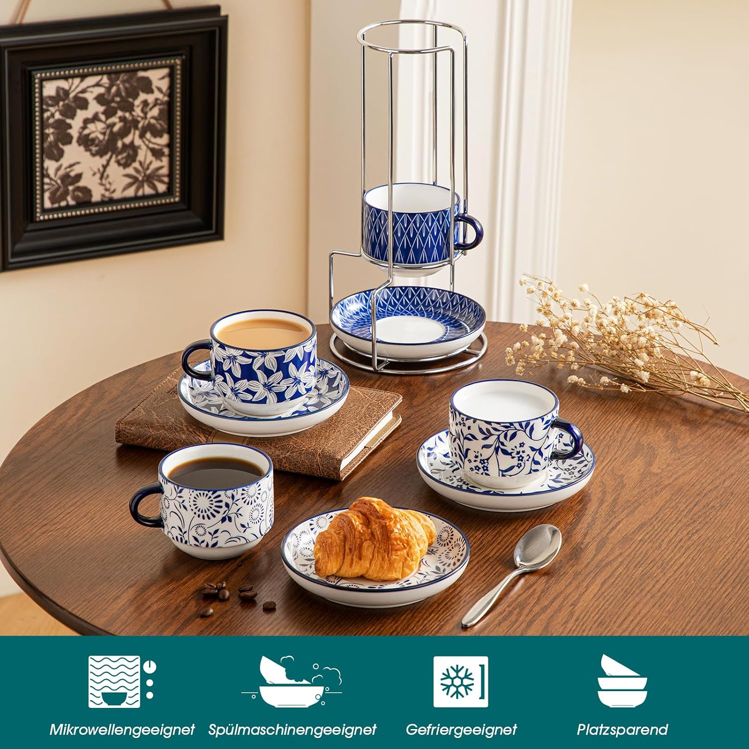Detalle de Vancasso SELENE 4-tlg. Espressotassen Set – 270 ml, blau-weißes Blumenmuster mit Ständer und stapelbarem Design