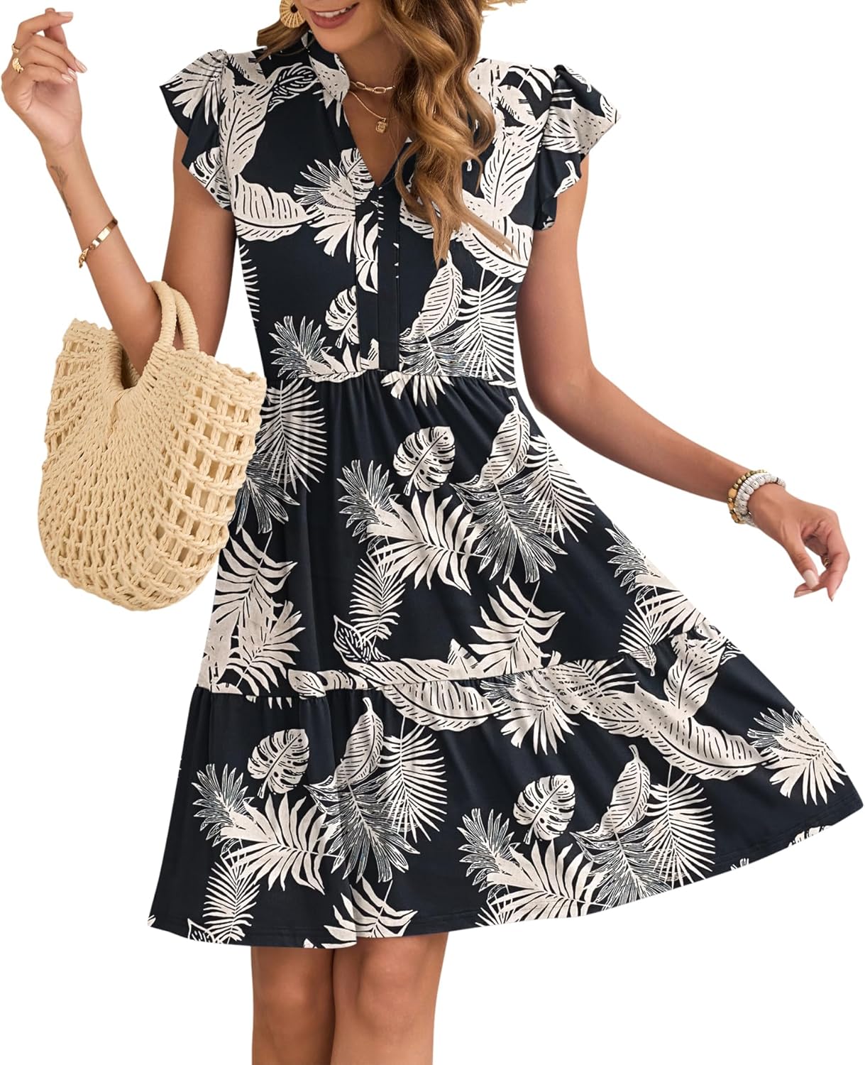 Thumbnail 6 de AUSELILY Damen Sommerkleid mit V-Ausschnitt, Rüschenärmeln und Taschen