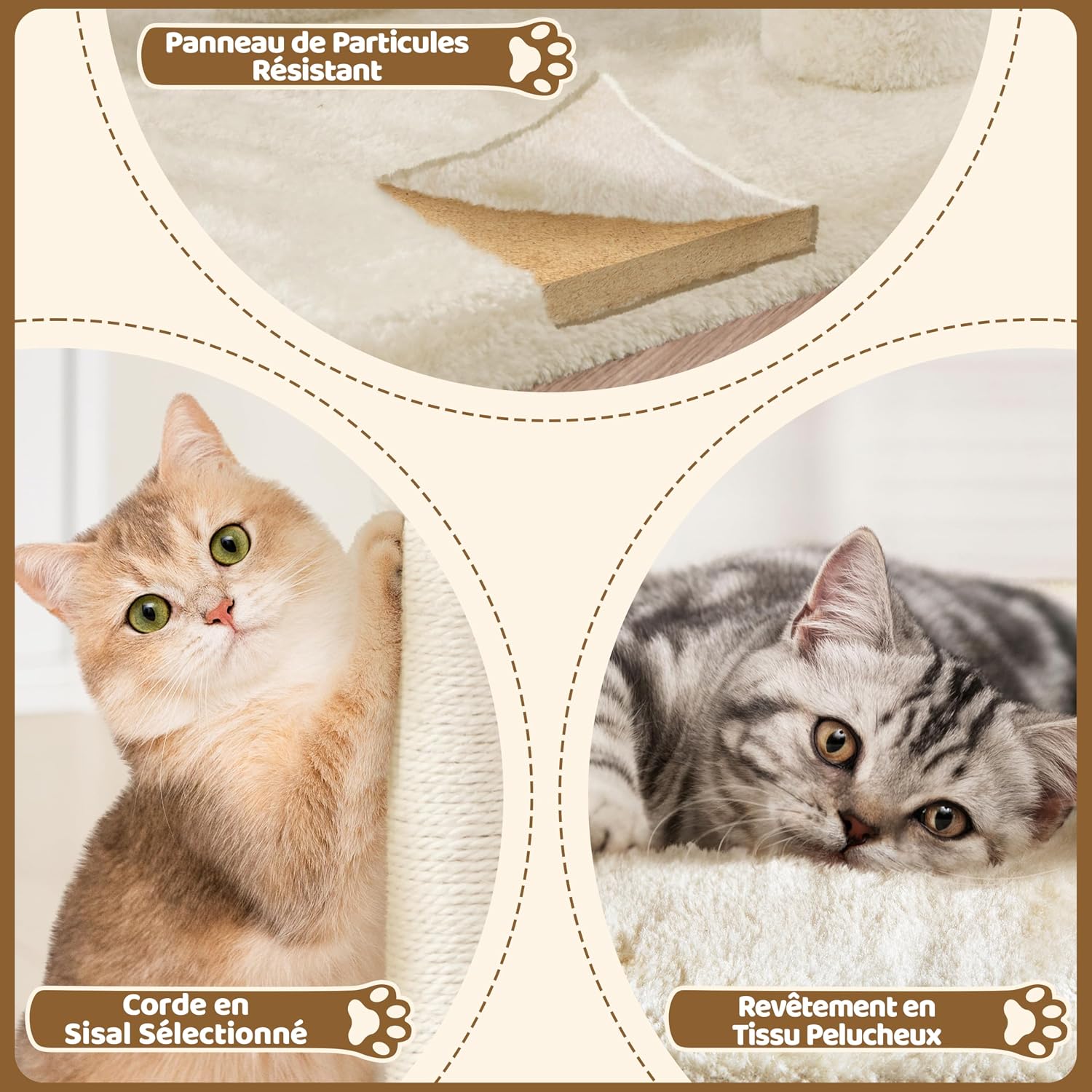 Detalle 2 de Yaheetech Arbre à chat design avec niche et plate-forme, tour griffoir 59 cm – beige
