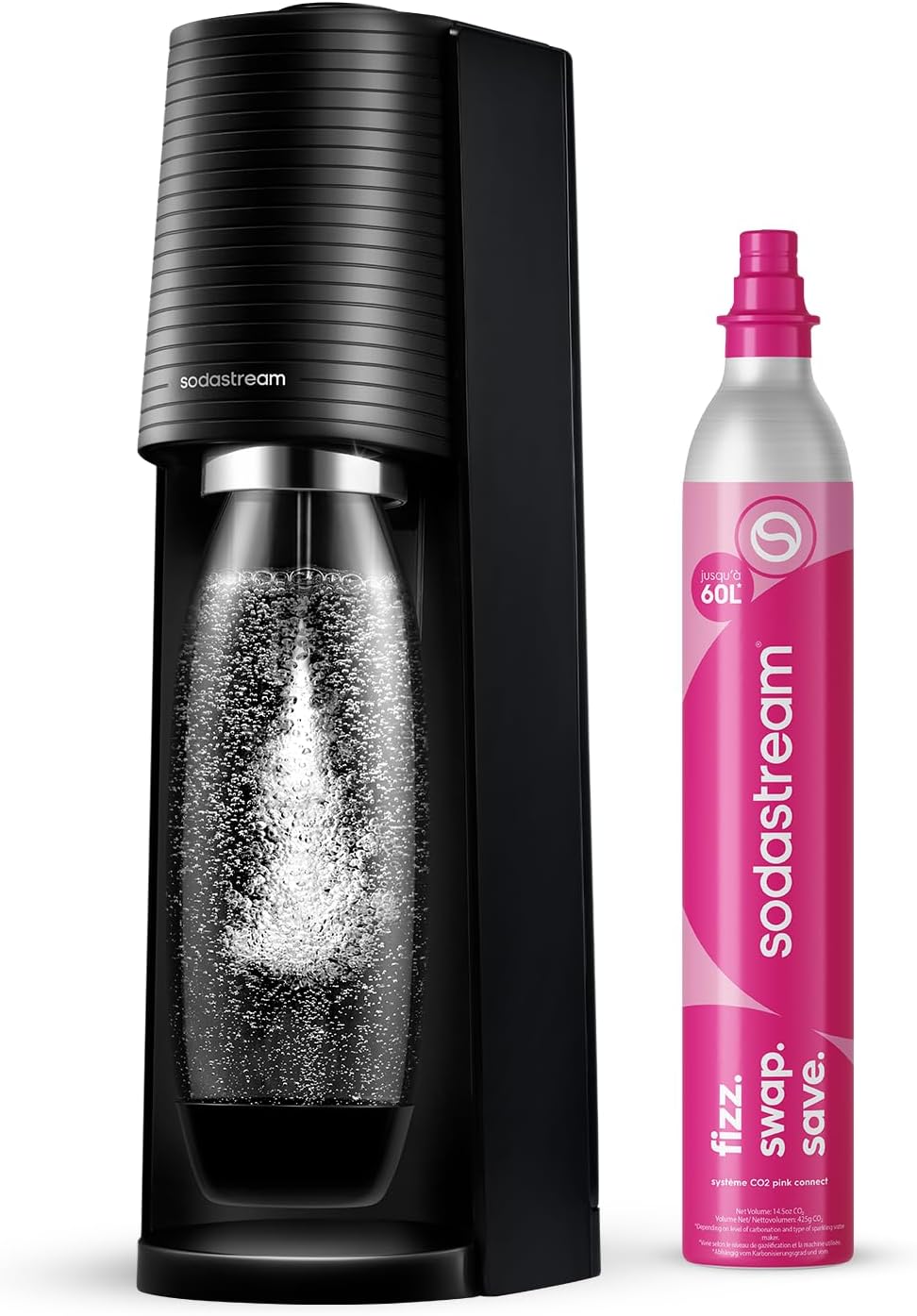 Detalle 1 de Sodastream Terra – Machine à eau pétillante avec CO₂ Quick Connect, 60L, deux bouteilles incluses (1L et 0,5L), sans BPA, noir