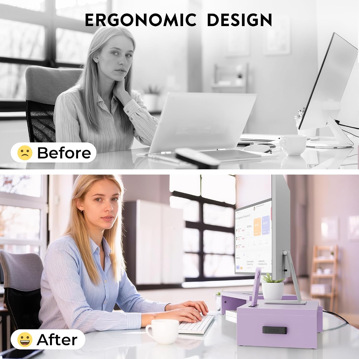 Thumbnail 4 de BONTEC Dual Monitor Stand Riser, Purple Adjustable Wooden Desk Organizer