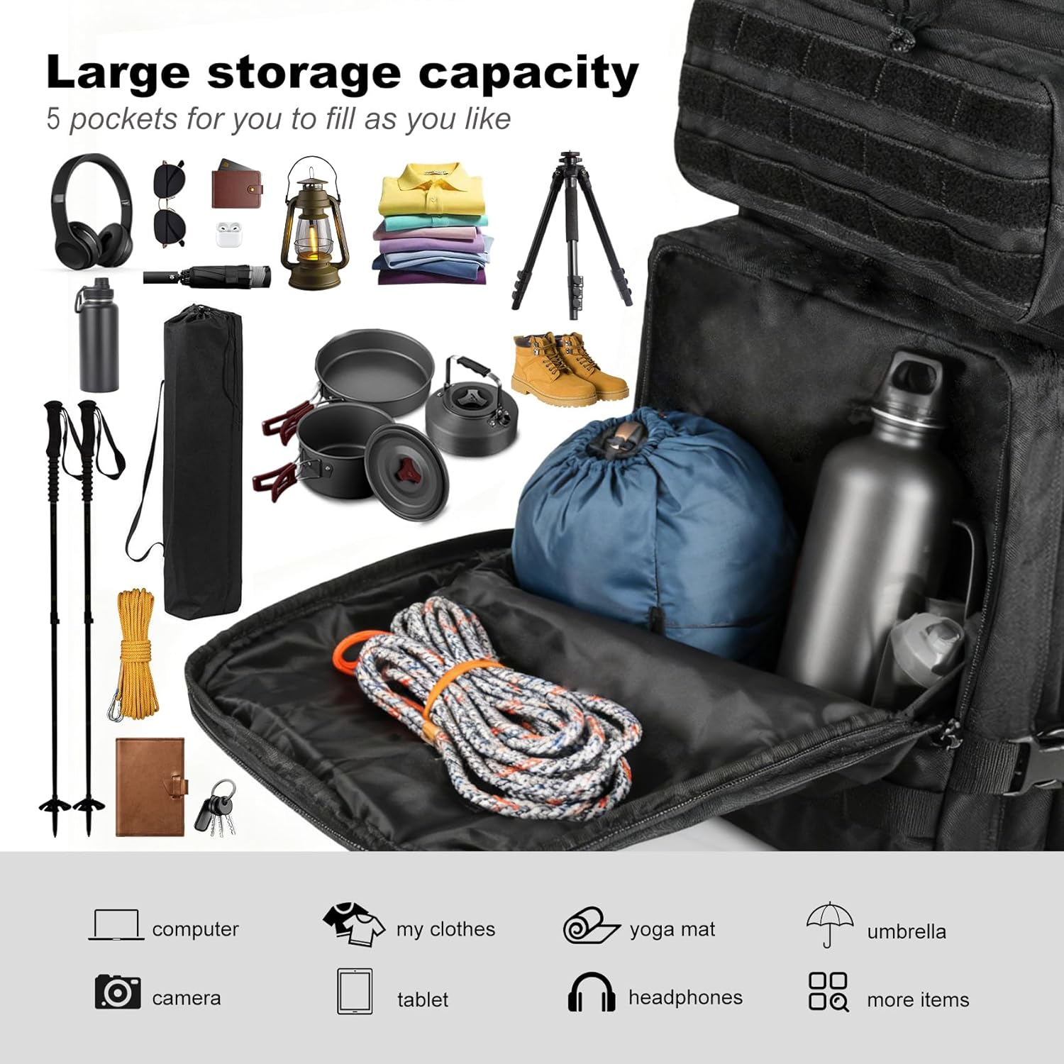 Thumbnail 4 de Militär Rucksack Herren 45L – großer taktischer Wasserdichter Outdoor-Backpack (Schwarz)