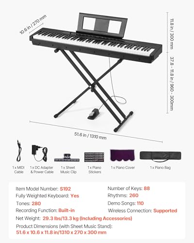 Thumbnail 6 de VEVOR Pianoforte Digitale a 88 Tasti con Supporto a X, 280 Toni, 260 Ritmi, Registrazione — Nero