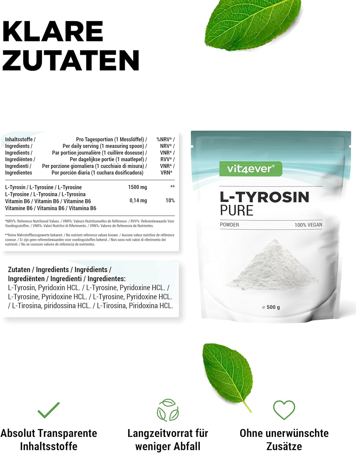 Detalle 1 de vit4ever L-Tyrosin Pulver 500 g – 333 Portionen, vegan, ohne Zusatzstoffe