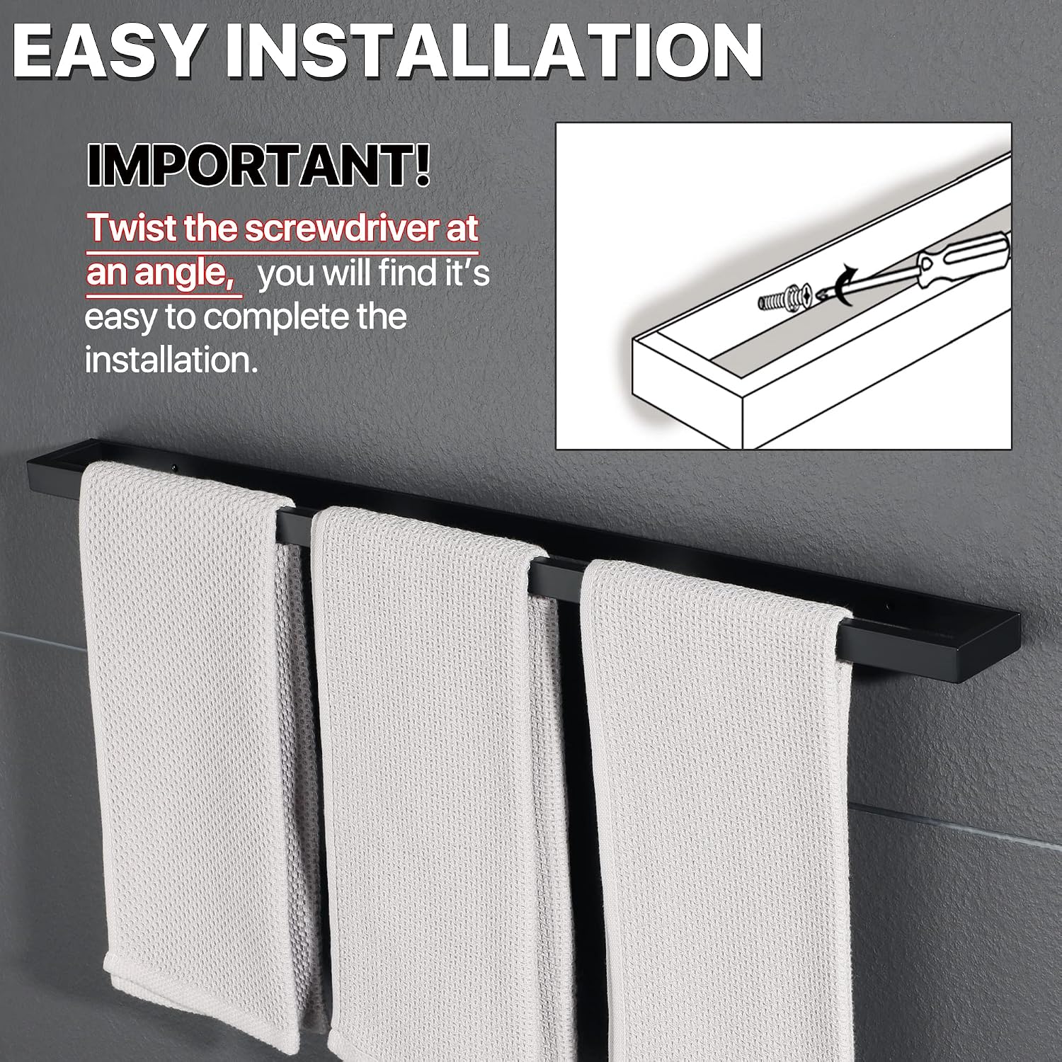 Detalle de Sayayo Black Towel Rail Wall Mounted 70cm – SUS304 Stainless Steel, Matte Black