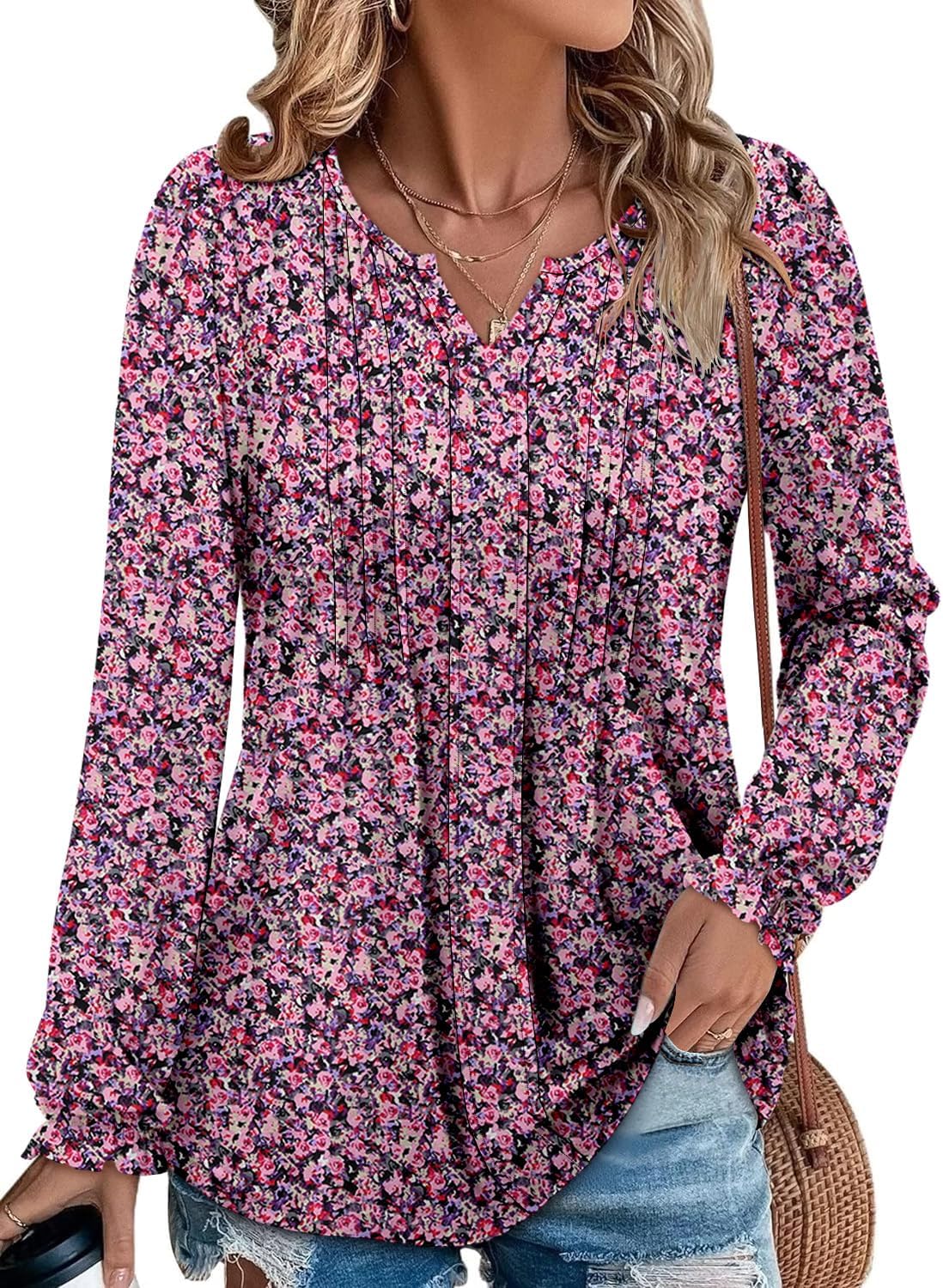 Detalle de onlypuff Women's Tunic Top, V-Neck, Pleated Detail, Puff Sleeves, S–XXXL