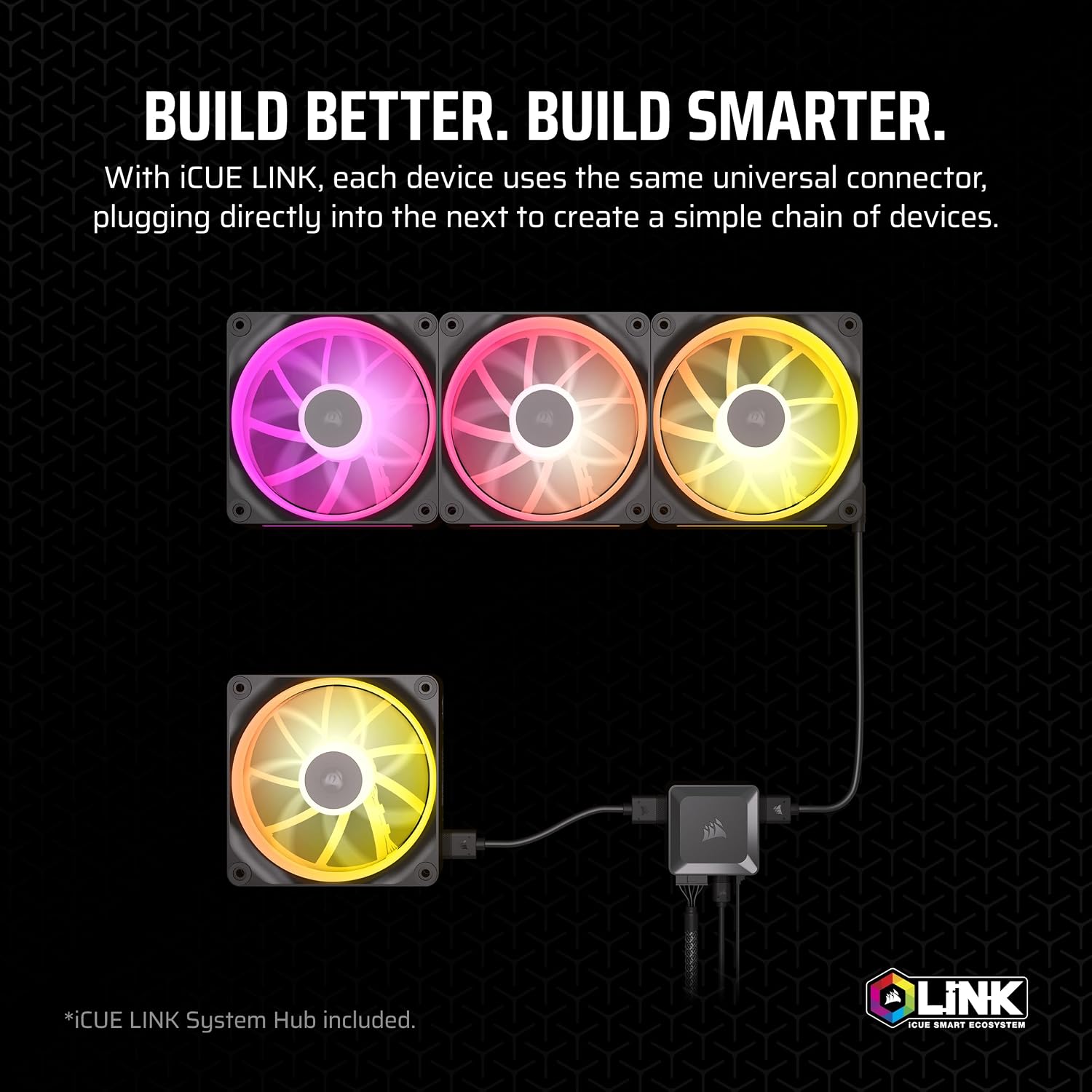 Detalle 2 de CORSAIR iCUE LINK LX120 RGB 120 mm PWM Ventole (confezione tripla) con doppio anello luminoso e hub iCUE LINK