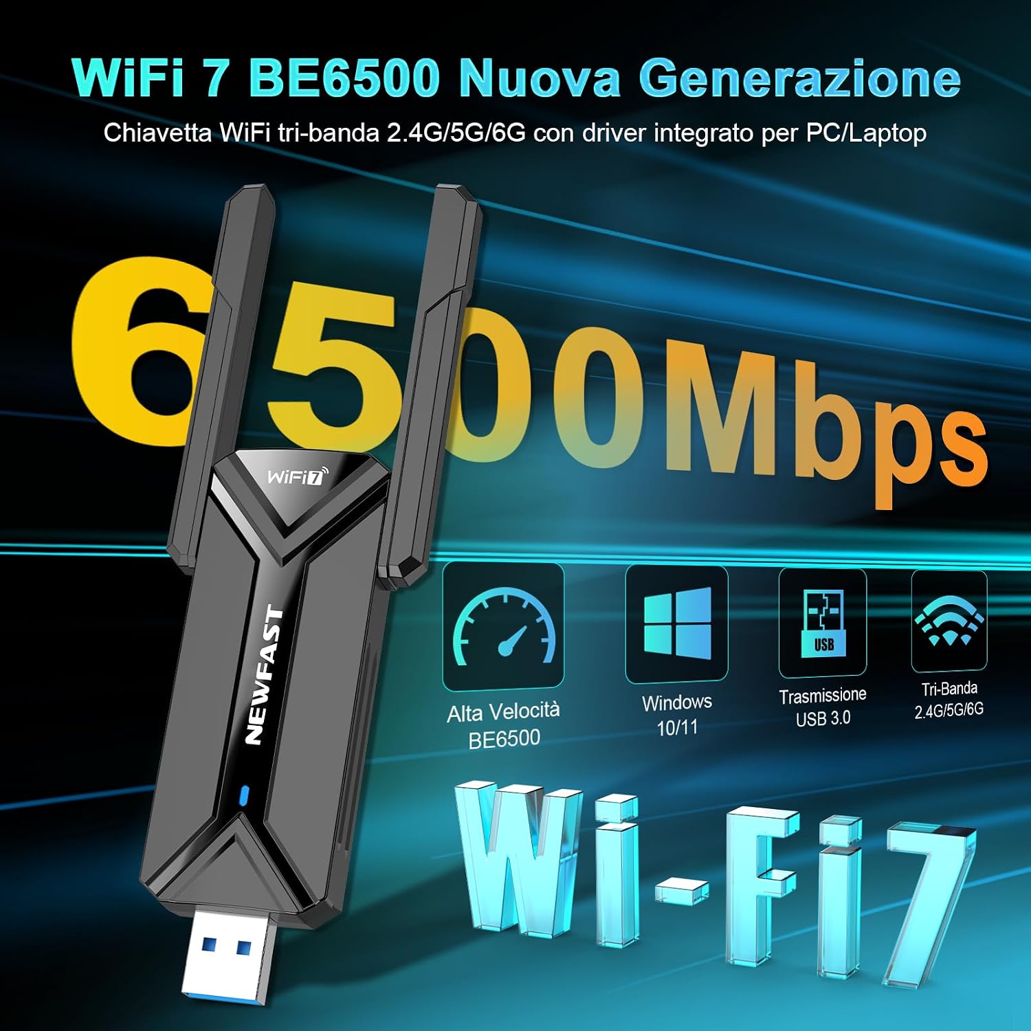Detalle 2 de NEWFAST BE6500 Chiavetta WiFi 7 6500Mbps 📡