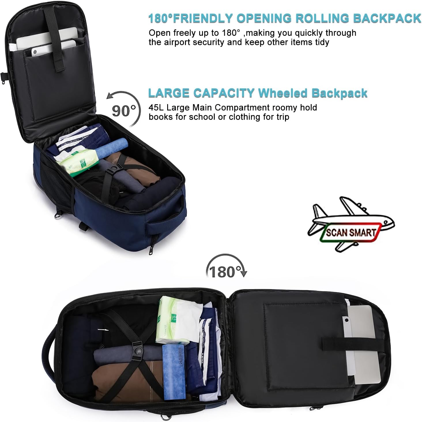Detalle de Travel Backpack with Wheels for Men and Women — 17.3in Laptop, 45L Capacity