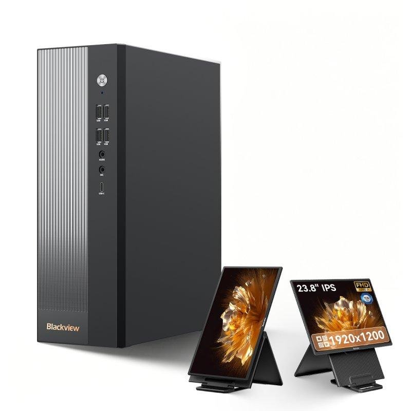 Detalle de Mini PC Blackview NEX60 con pantalla 23,8" — potencia compacta para productividad y creatividad