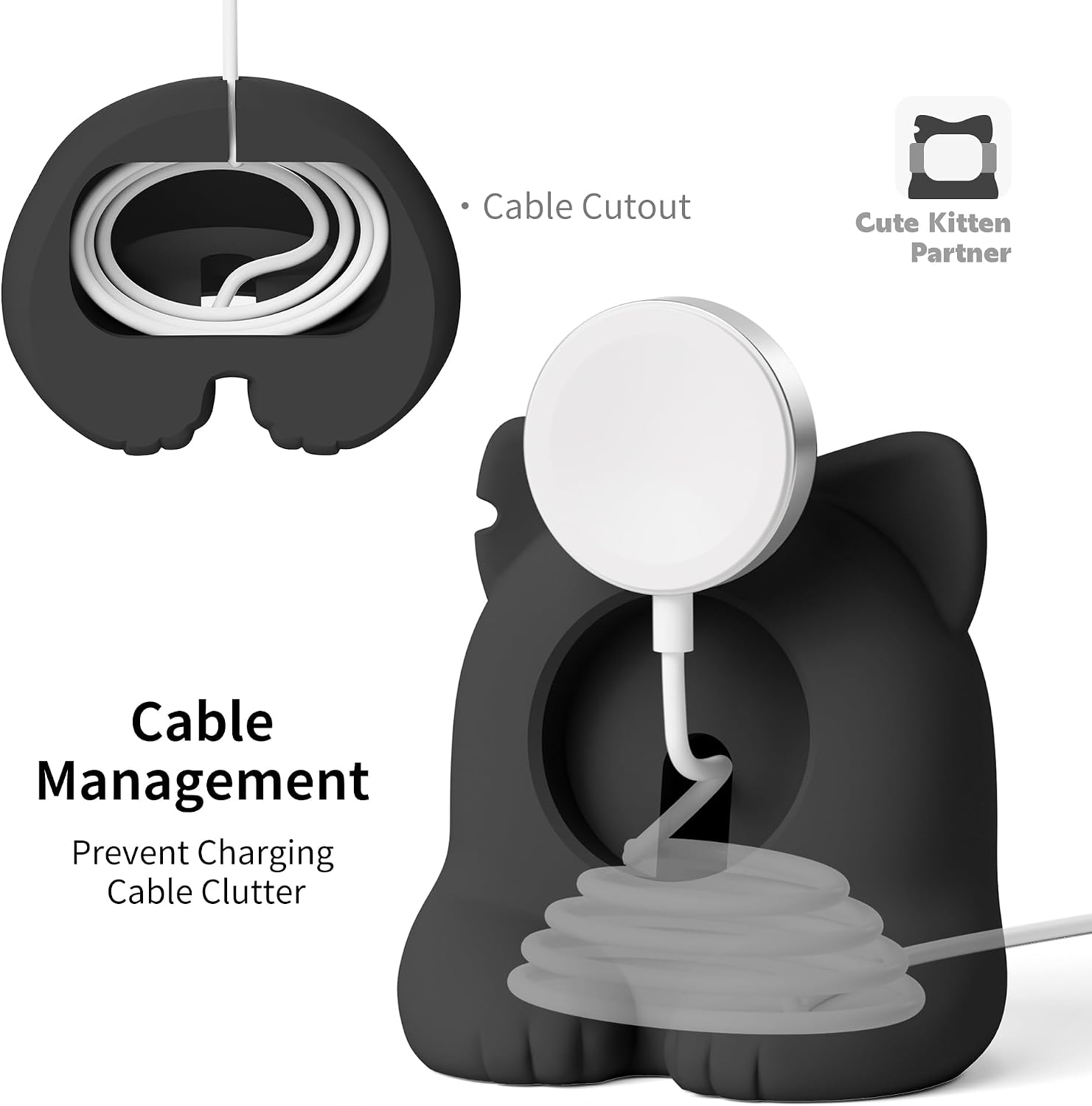 Detalle de ELETIUO Watch Charger Stand (Silicone) for Apple Watch Series 49–38mm – Black kitten bedside dock