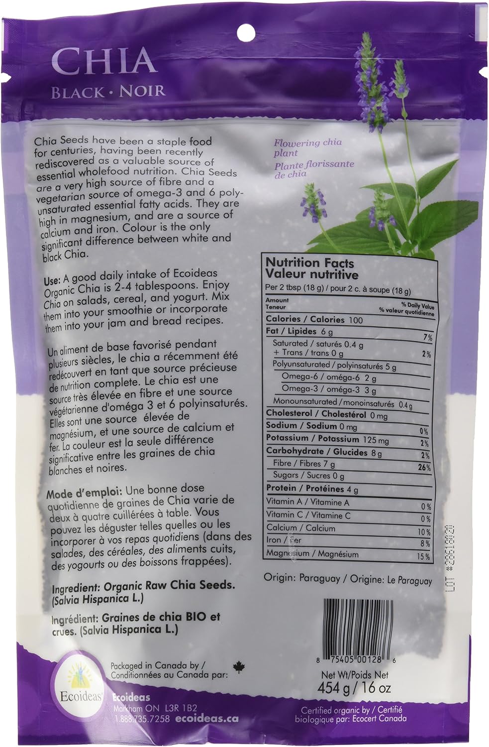Detalle de Ecoideas Organic Chia Seeds, 454 g