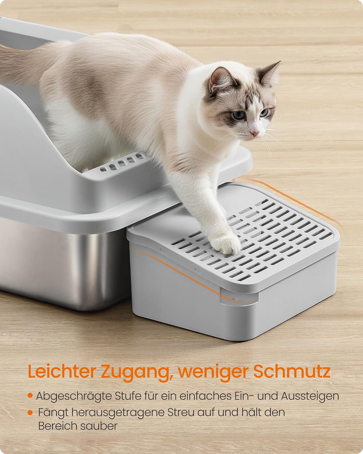 Detalle de Feandrea Katzenklo aus Edelstahl mit hohen Seitenwänden, Trittstufe & Zubehör – für Katzen bis 15 kg, schiefergrau