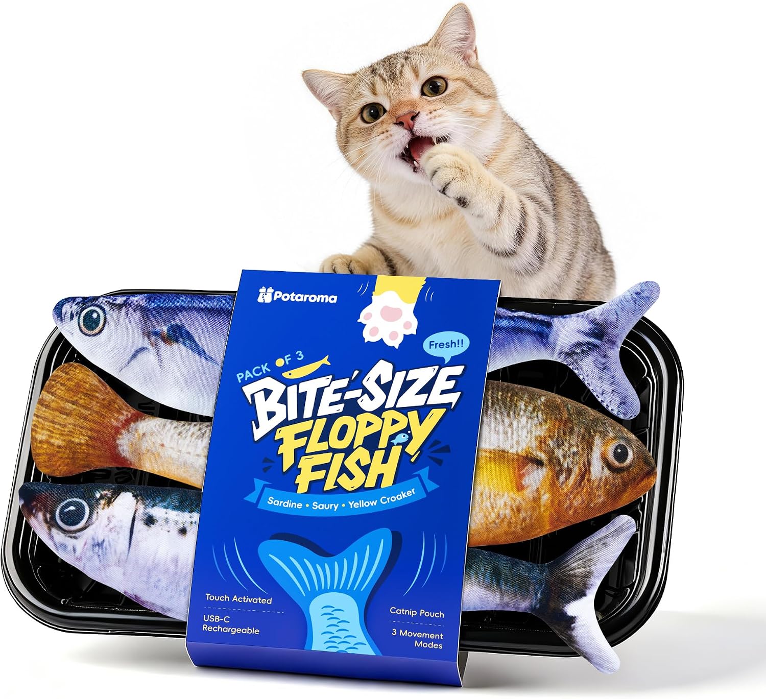 Detalle de Potaroma Katzenspielzeug – Interaktives, aufladbares Fisch-Spielzeug-Set (3er) mit Katzenminze und 3 Flattermodi