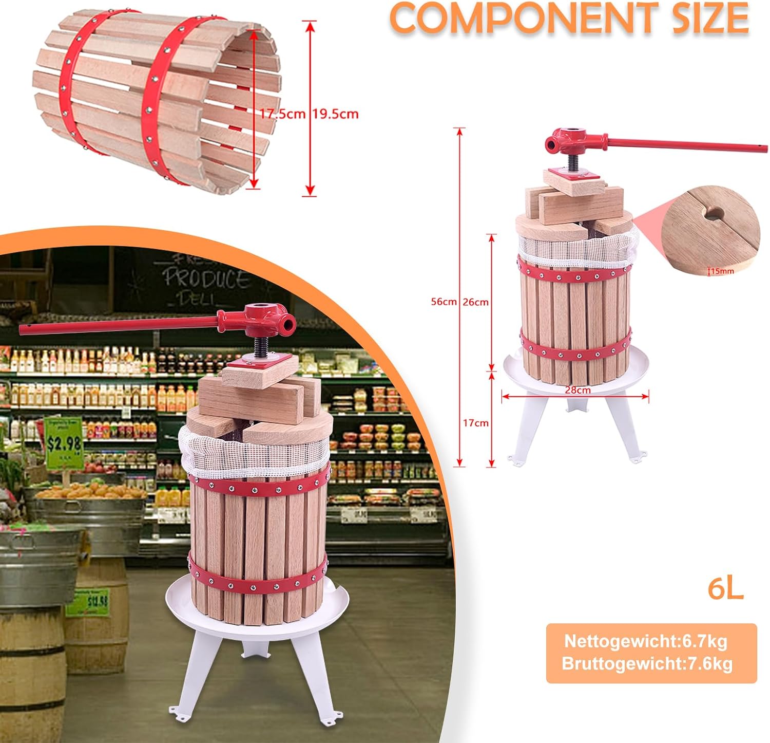Detalle de Aufun JOD-(HAG8243A-P) fruitpers 6 liter met persdoek, handmatige schroefpers