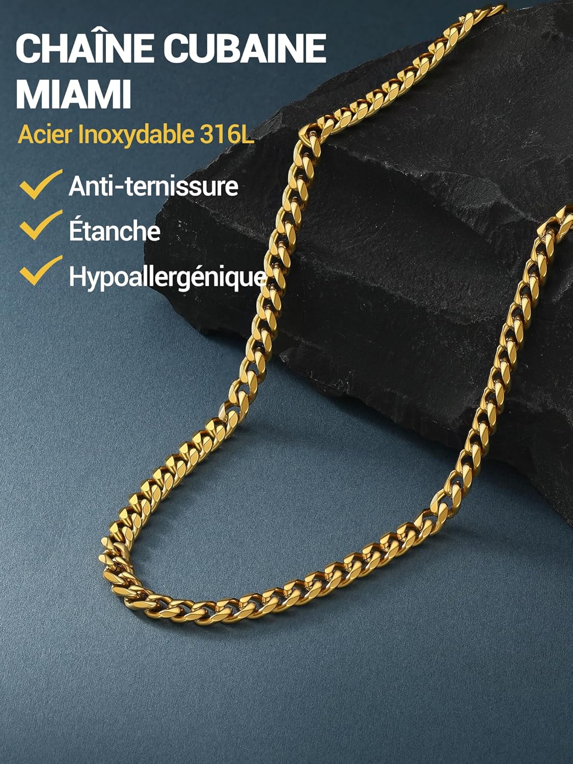 Thumbnail 1 de Collier chaîne cubaine PROSTEEL en acier inoxydable plaqué or (3/6/9/12 mm) – longueurs 36 à 76 cm, pour homme et femme