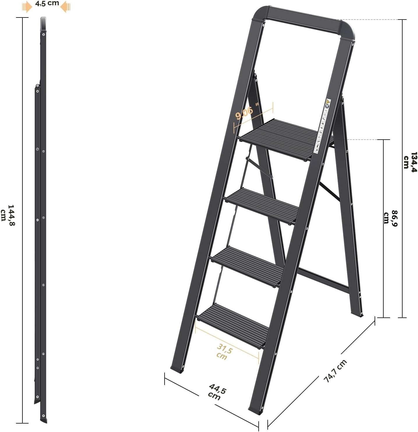 Detalle 2 de KINGRACK Aluminium-Leiter 4 Stufen, klappbar mit Handlauf – belastbar bis 150 kg
