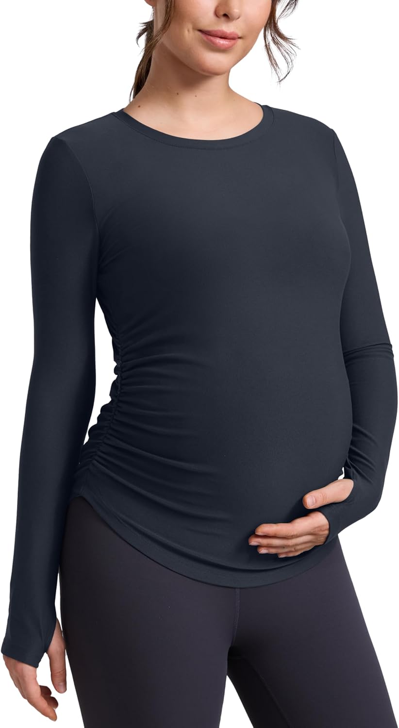 Detalle de CRZ YOGA Womens Cloudweight Maternity Long Sleeve Top – Ruched, Lightweight Pregnancy Shirt