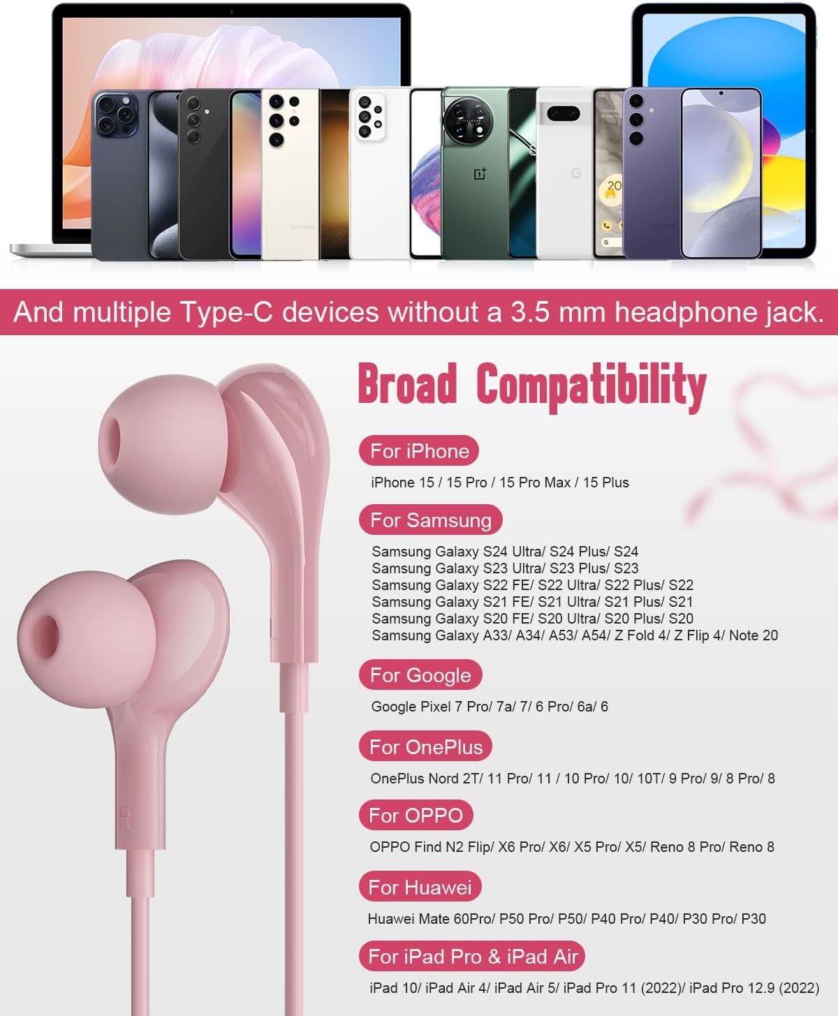Thumbnail 4 de AILZPXX USB-C Wired In-Ear Headphones with Microphone, Volume Control, and Magnetic Neck Design (Pink)