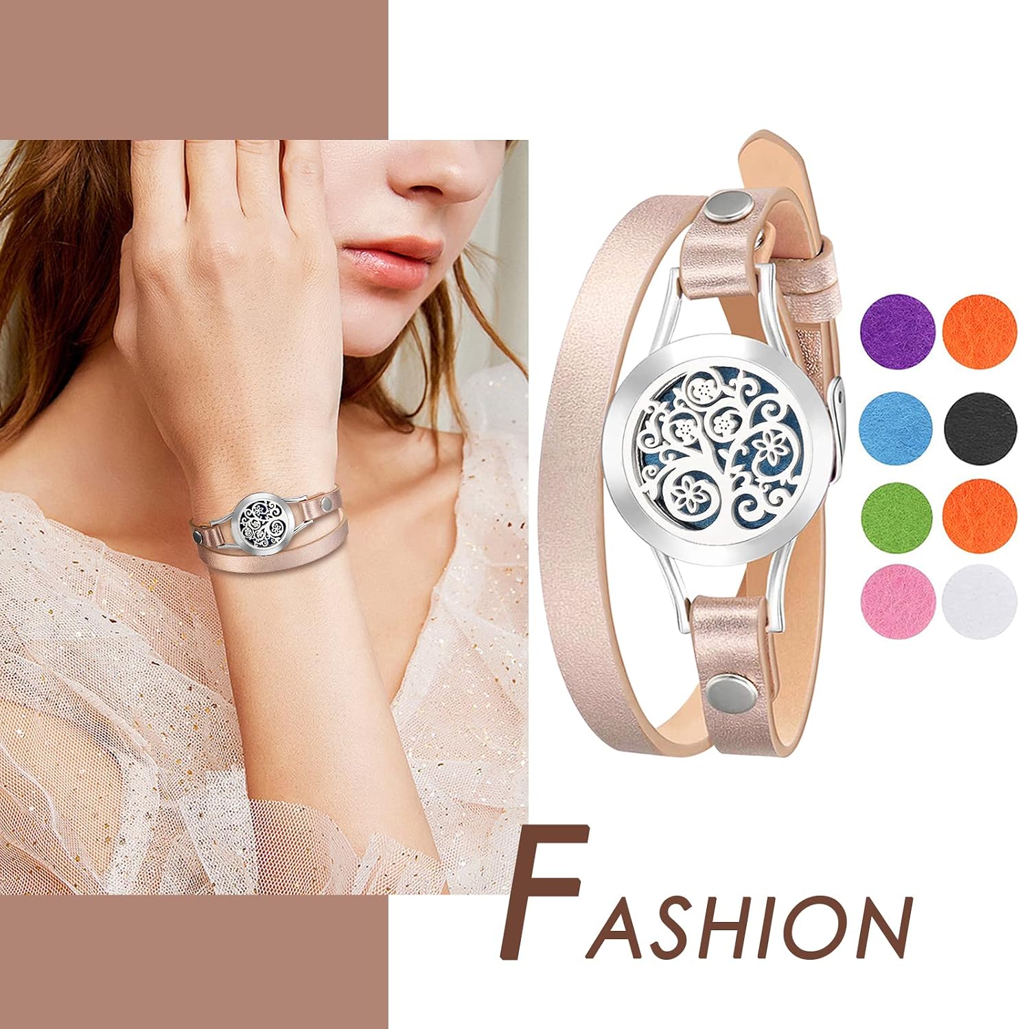 Thumbnail 5 de Cupimatch Bracelet diffuseur d’huiles essentielles Arbre de Vie à médaillon aimanté (acier inoxydable) avec 8 recharges