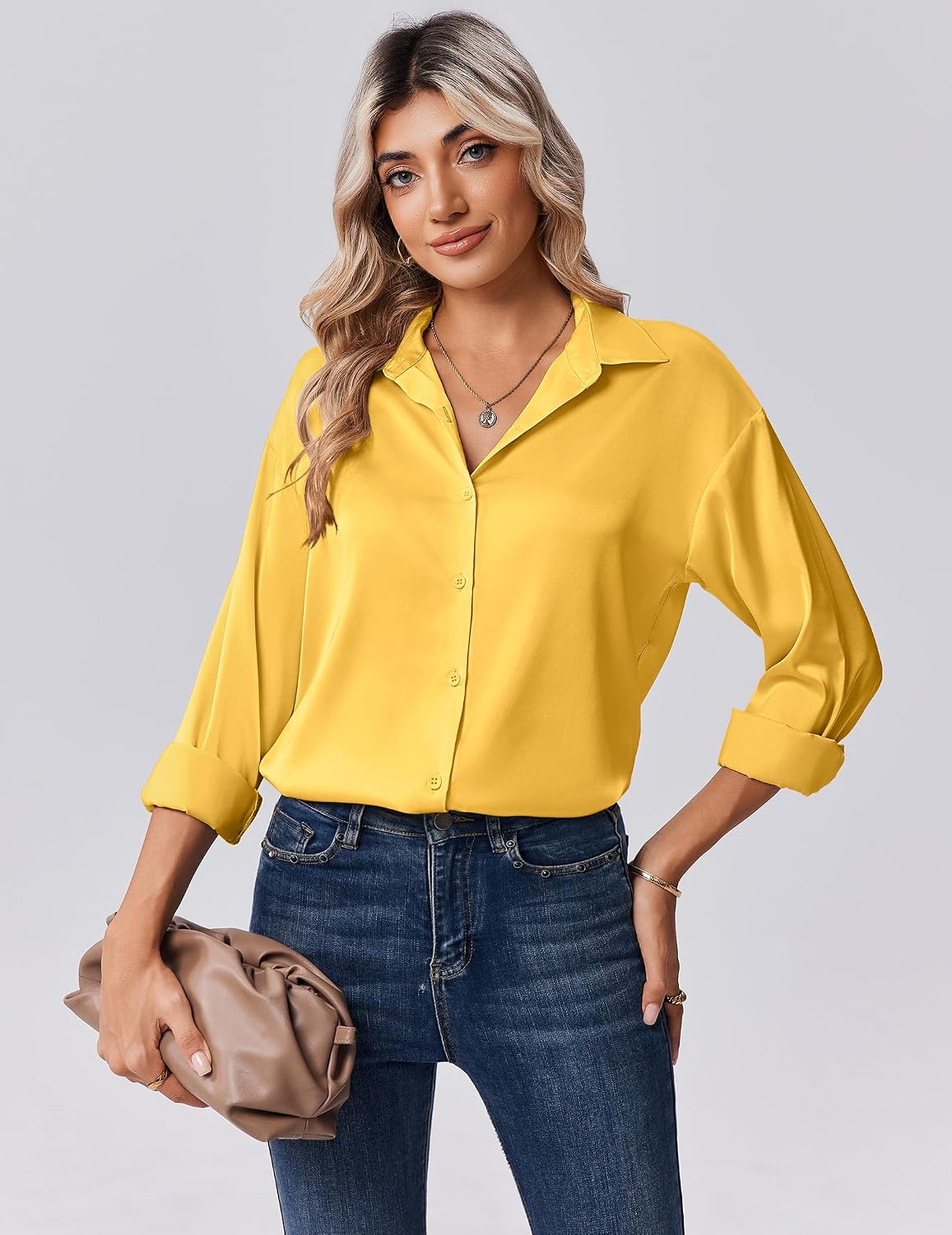 Detalle de Zeagoo Women's Long-Sleeve Satin Button-Down Blouse with Turn-Down Collar