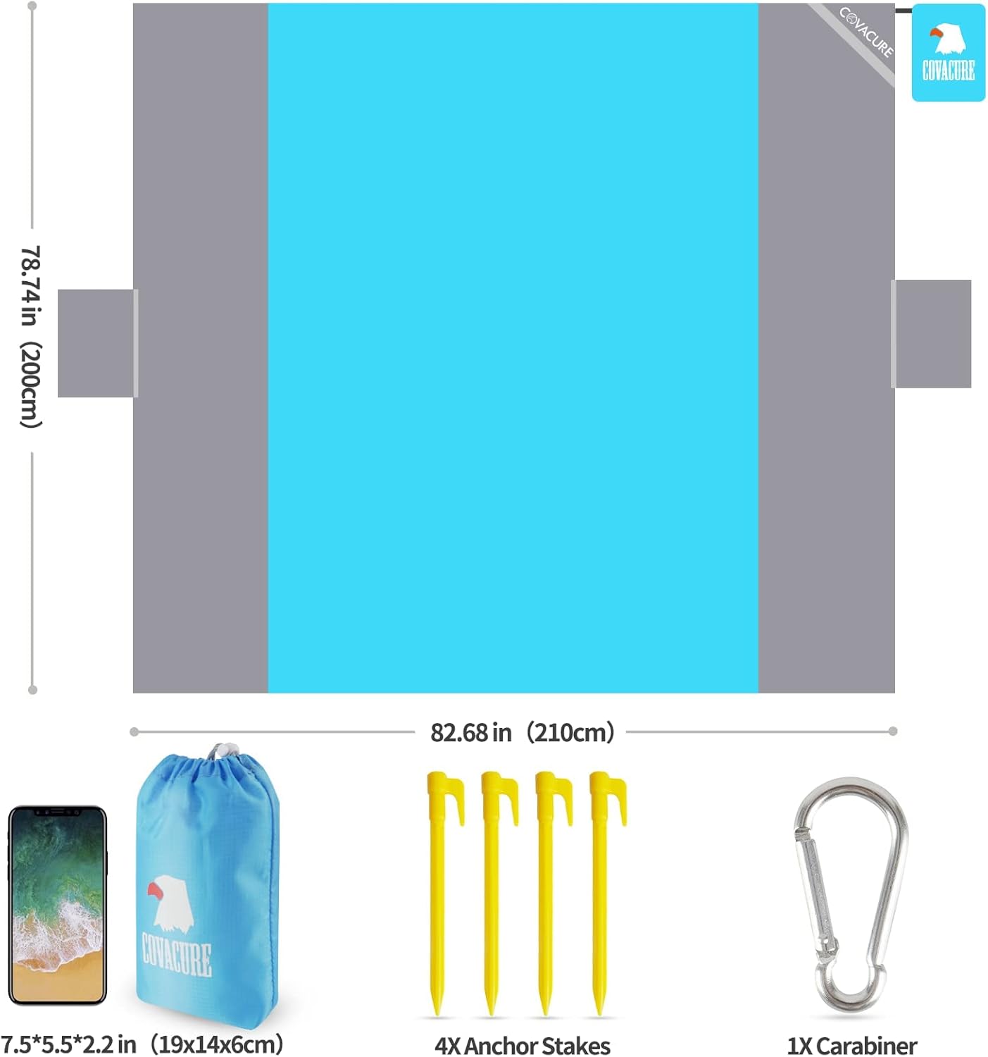 Thumbnail 2 de COVACURE Beach Blanket Mat with 3 Zipper Pockets — Extra Large 210 x 200cm (Blue)