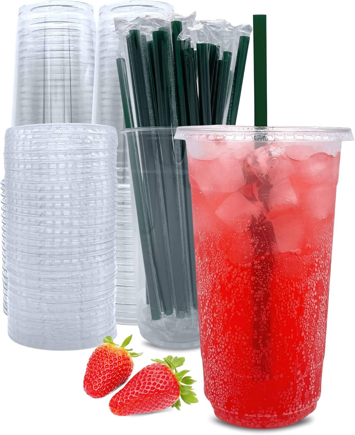 Detalle de 32 oz Clear Plastic Cups with Lids and Straws (25 Sets) – Disposable Coffee Cups