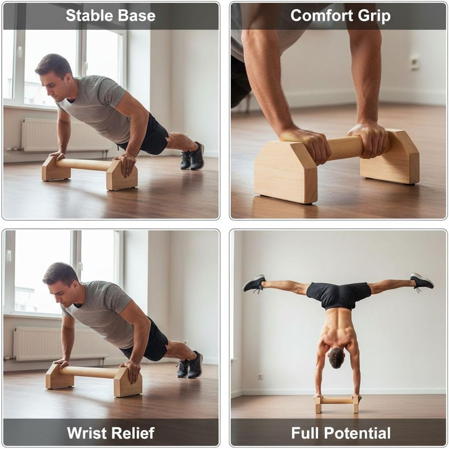 Thumbnail 6 de 2 Pcs Wooden Push Up Handles with Golden Triangle Design (9.8 in) Parallettes