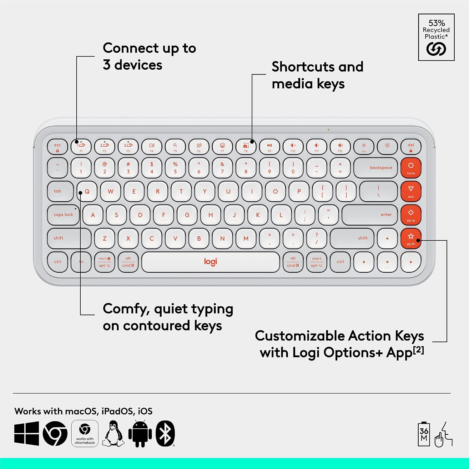 Detalle de Logitech 920-012935 POP Icon Keys Wireless Bluetooth Keyboard, Off-White and Orange